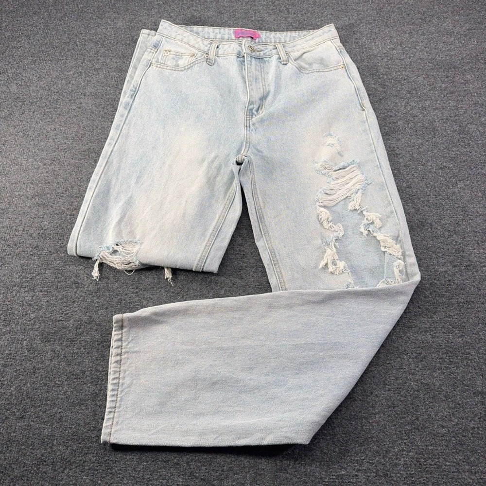 Edikted Light Wash Distressed Straight Leg Jeans Womens Size M Blue Ripped Denim